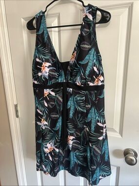 Floral Tropical Black & Teal One-Piece Swim Dress